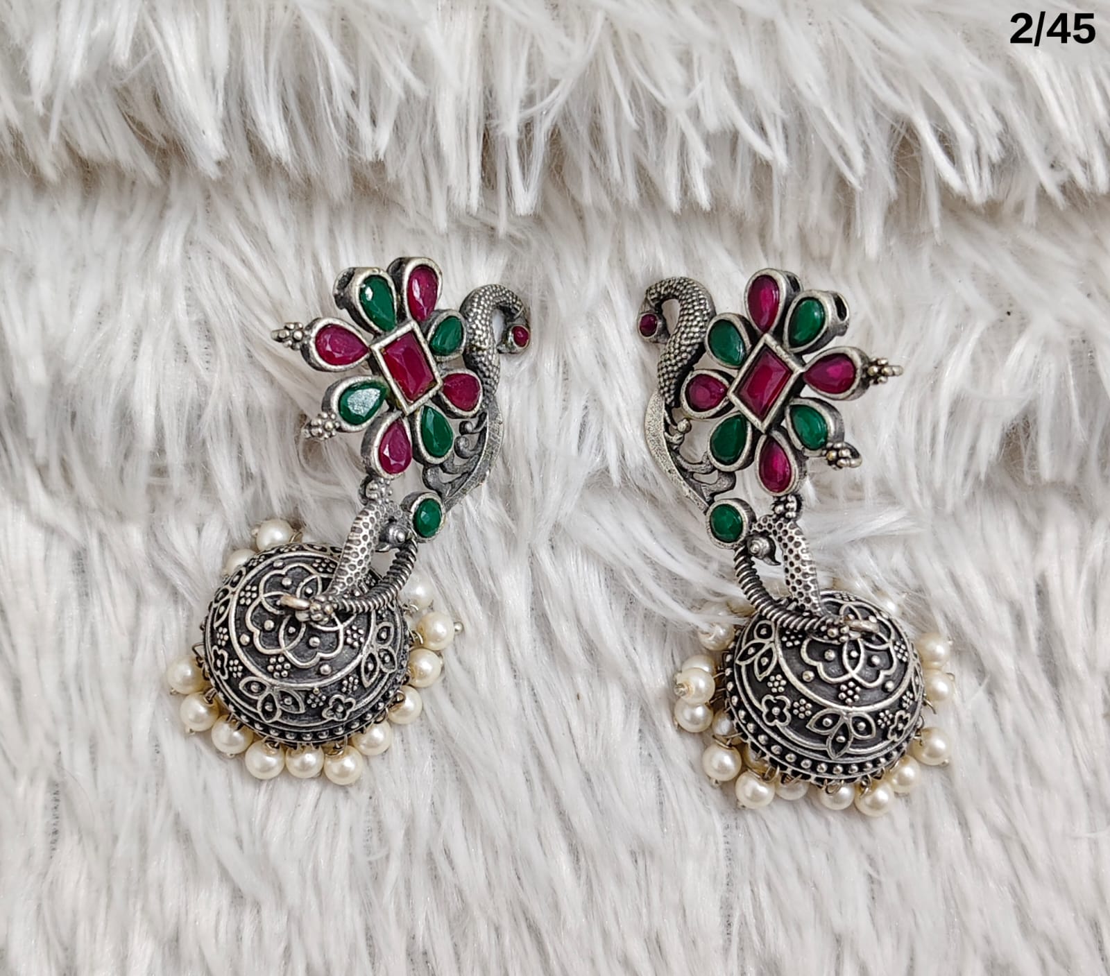 Peacock Design Oxidized Jhumka Earrings with Pearl Detailing